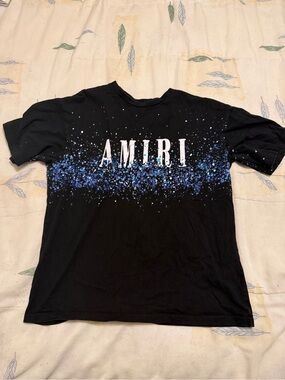 AMIRI Black T-Shirt with Blue Splatter and White Logo